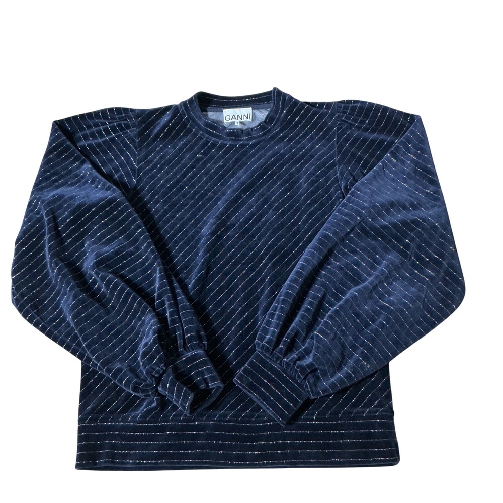 Ganni Metallic Pinstripe Velvet Puff Sleeve Sweatshirt Womens 36 Navy Sparkle